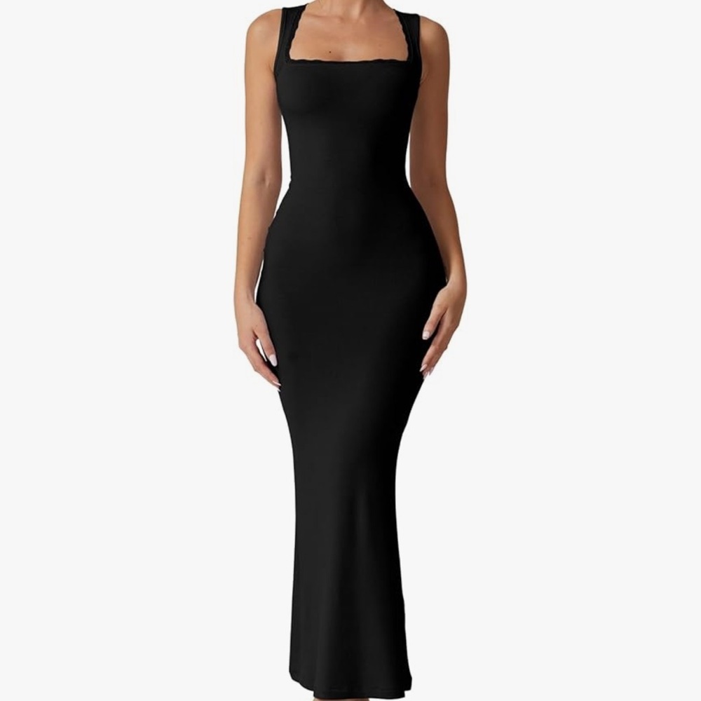 NWT QINSEN Women's Square Neck with Lace Detail Long Sleeveless Ribbed Dress